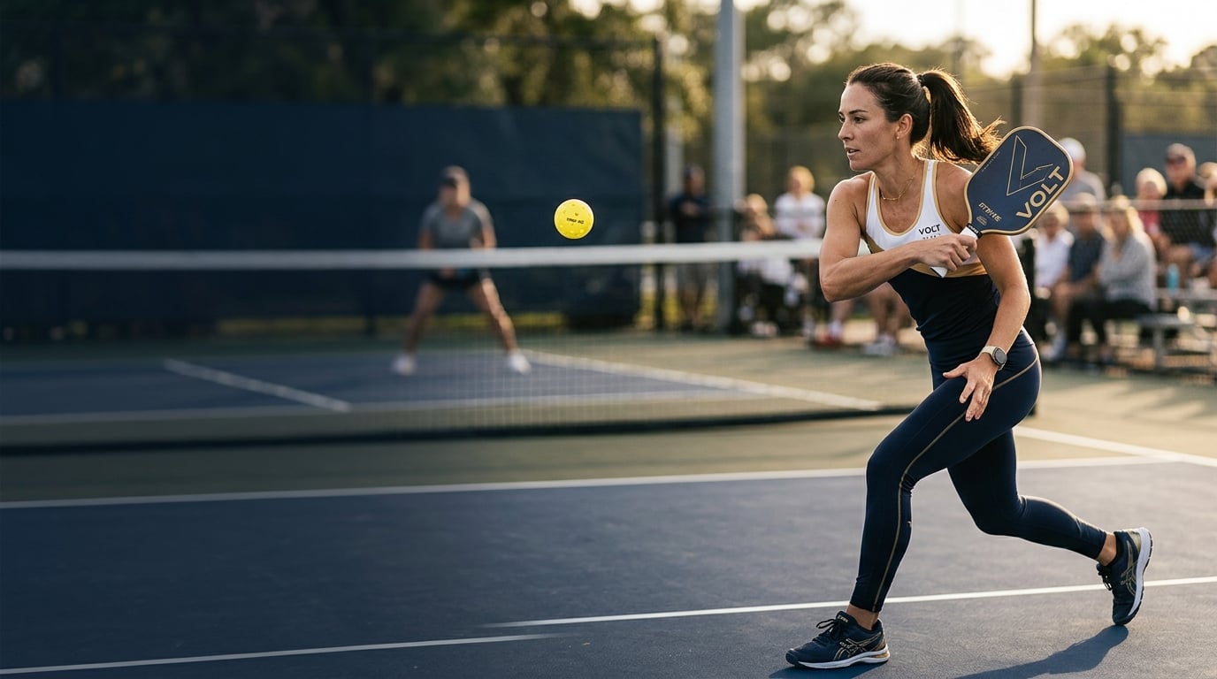 Focused pickleball player mid-rally, paddle raised, eyes locked on the ball