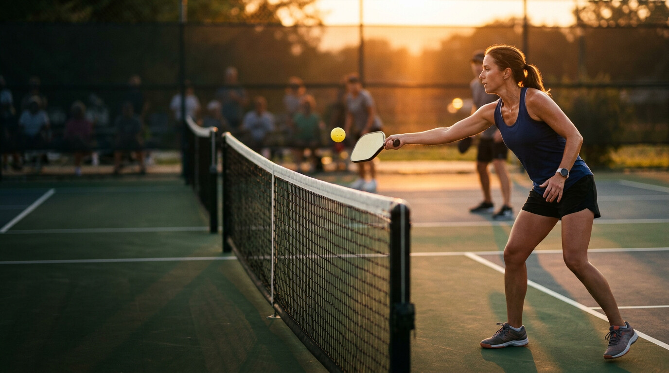 Pickleball player hitting a volley at the net during a golden-hour tournament